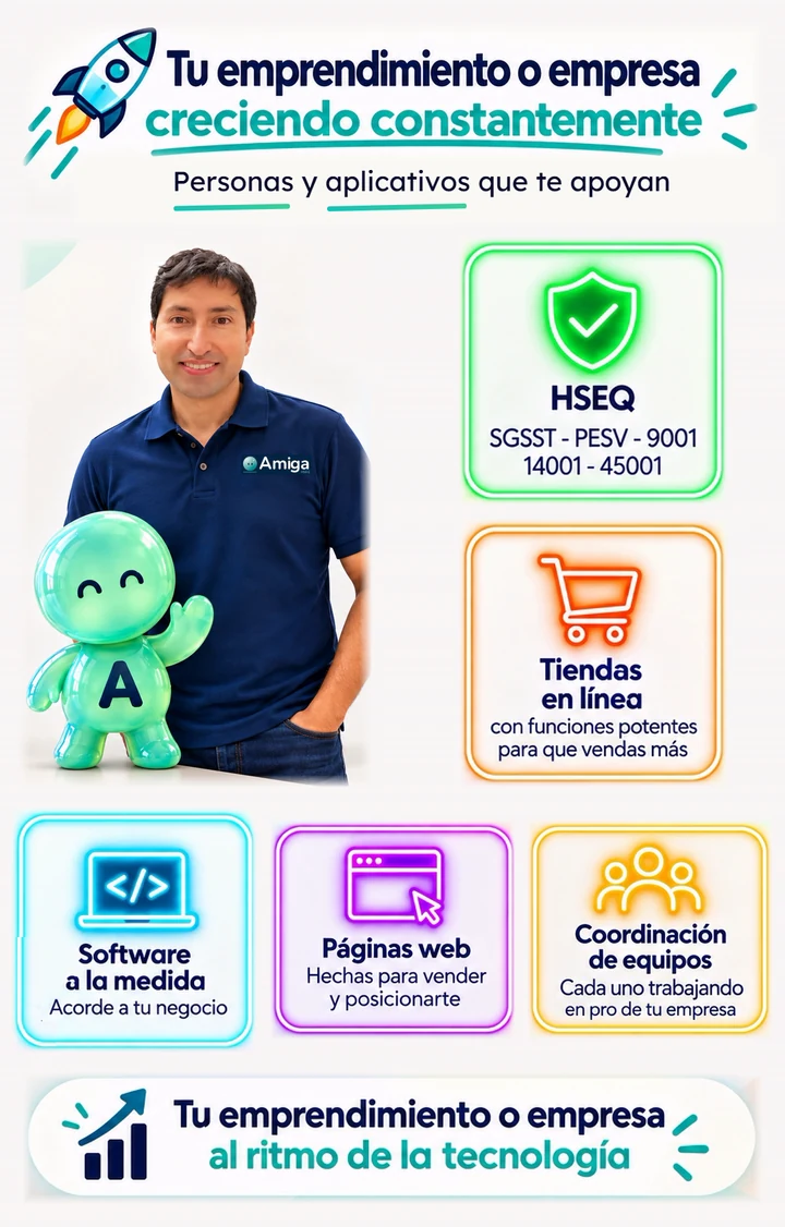 Amiga HSEQ: tu emprendimiento o empresa creciendo constantemente con HSEQ (SG-SST, PESV, ISO 9001, 14001 y 45001), tiendas en línea, software a la medida, páginas web y coordinación de equipos