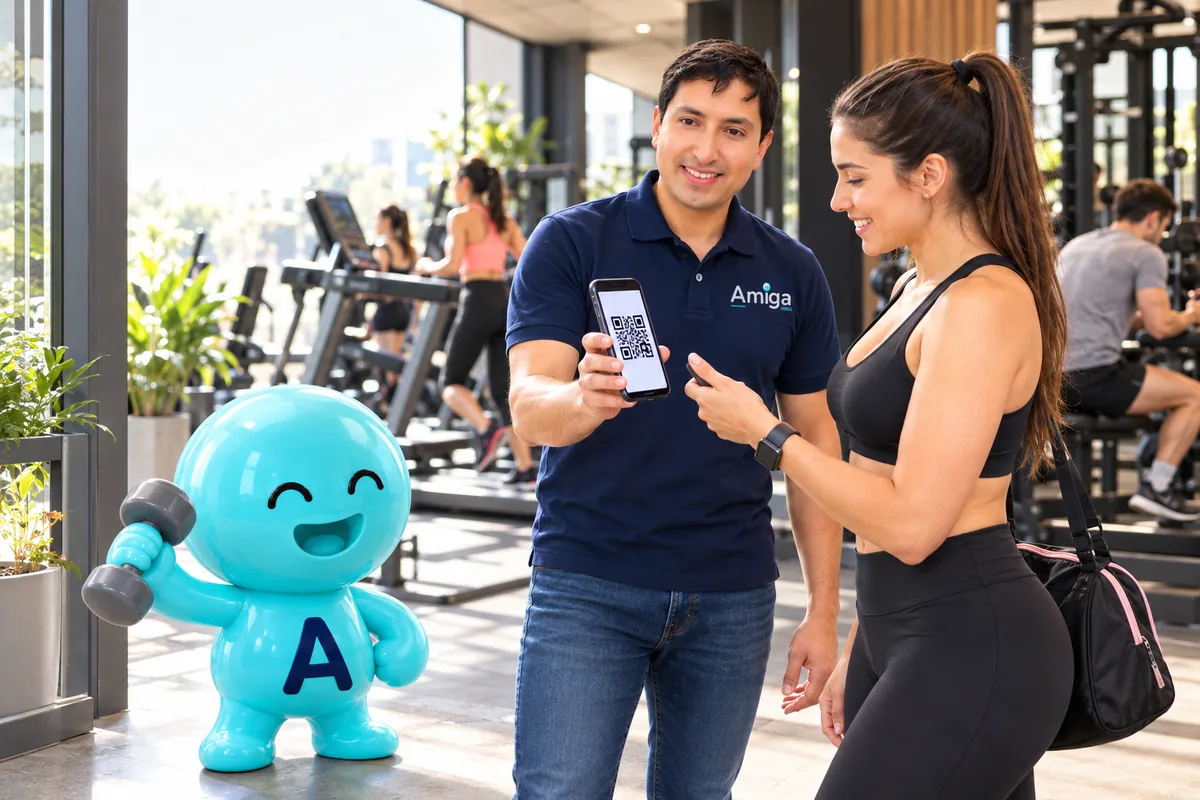 Andrés, del equipo Amiga, muestra a una socia el código QR de entrada en un gimnasio, con Ami levantando una pesa